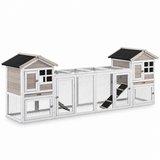 Grey 2-in-1 outdoor rabbit hutch with two elevated houses, mesh panels, and a spacious run, featuring a sloped ramp and weatherproof roof