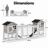 Grey 2-in-1 outdoor rabbit hutch with two levels, mesh panels, and dimensions labeled for easy reference and assembly
