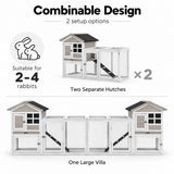 Grey 2-in-1 outdoor rabbit hutch featuring two separate enclosures with sloped roofs, mesh panels, and a spacious layout for 2-4 rabbits
