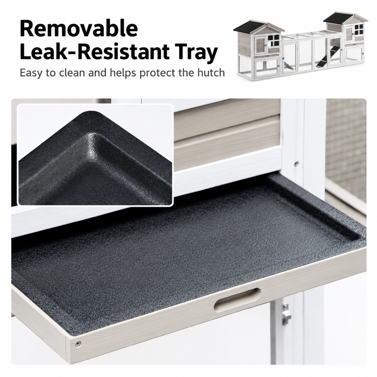 Removable leak-resistant tray for a grey 2-in-1 outdoor rabbit hutch, designed for easy cleaning and protection against spills