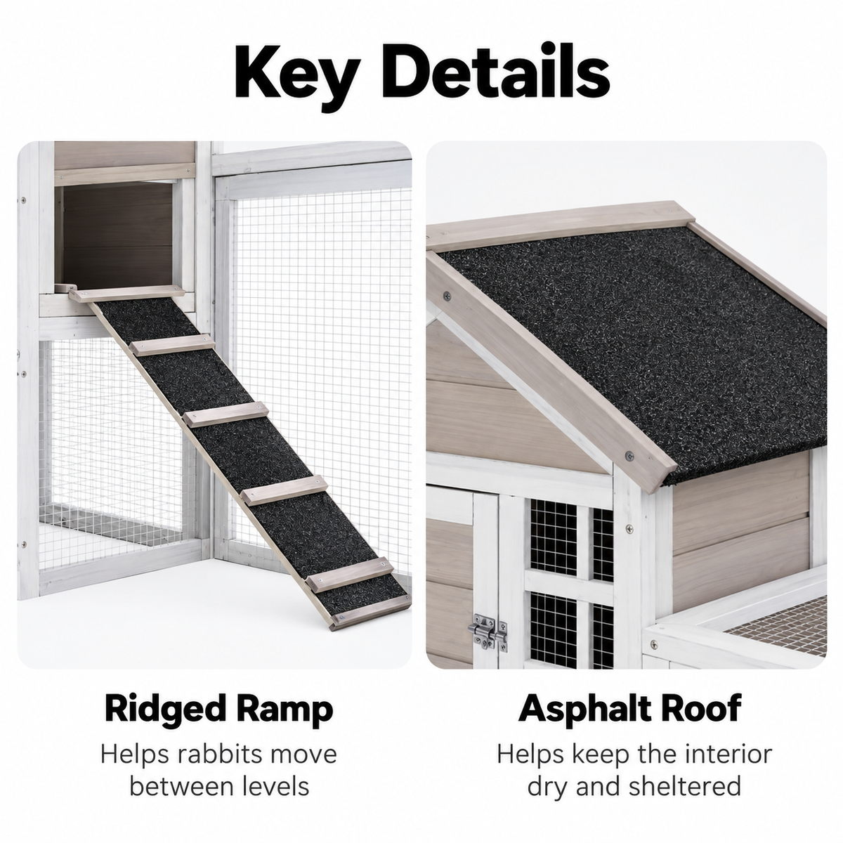 Grey 2-in-1 outdoor rabbit hutch featuring a ridged ramp for easy access and a textured asphalt roof for weather protection