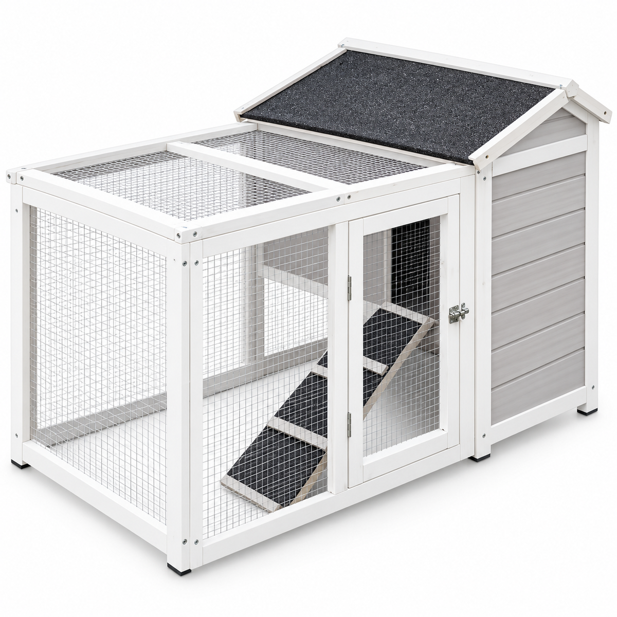 Grey 2-in-1 outdoor rabbit hutch featuring a spacious mesh enclosure, sloped roof, and a ramp for easy access to the upper level