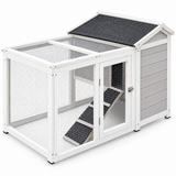 Grey 2-in-1 outdoor rabbit hutch featuring a spacious mesh enclosure, sloped roof, and a ramp for easy access to the upper level