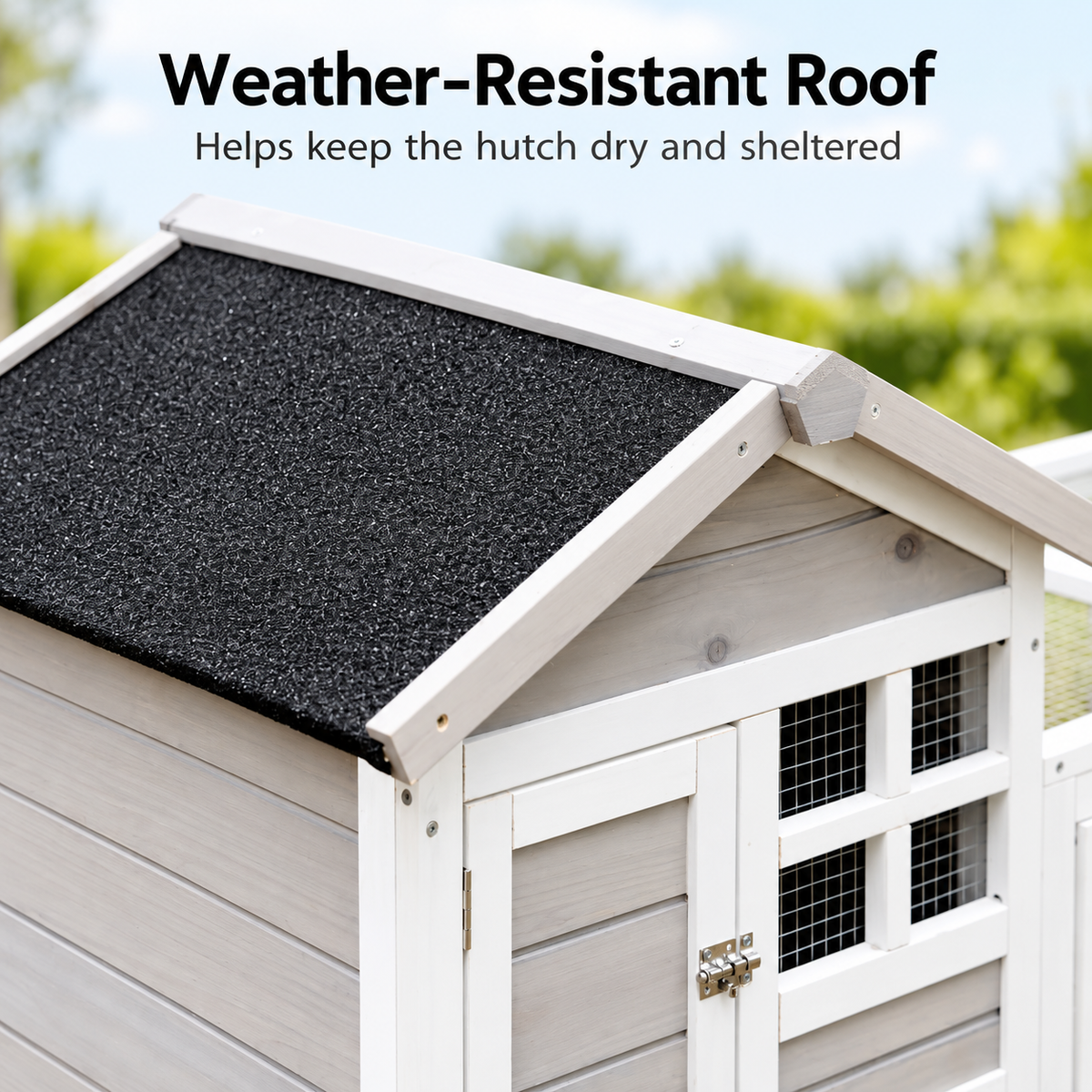 Grey 2-in-1 outdoor rabbit hutch featuring a weather-resistant black roof, wooden structure, and multiple ventilation windows