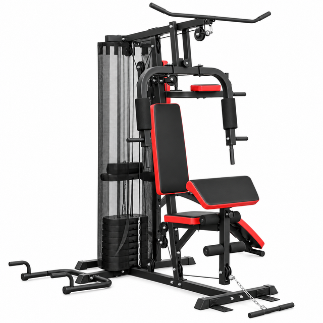 Black and red 65kg multi gym workout station featuring adjustable seat, various exercise attachments, and a compact design
