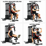 Multi gym workout station in black with red accents, featuring preacher curl pad, chest press, leg raise, and lat pull down options