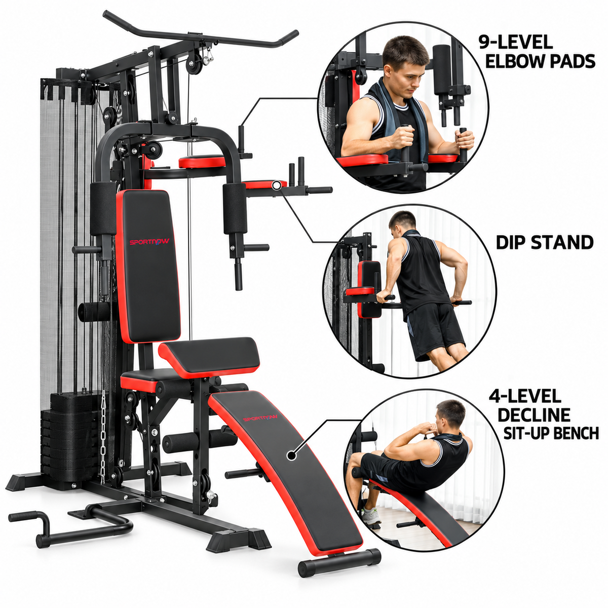 Multi gym workout station in black with red accents, featuring adjustable elbow pads, dip stand, and decline sit-up bench