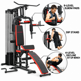 Multi gym workout station in black with red accents, featuring adjustable elbow pads, dip stand, and decline sit-up bench