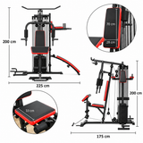 Multi gym workout station in black with red accents, featuring adjustable seat, sturdy frame, and multiple exercise attachments for versatile training
