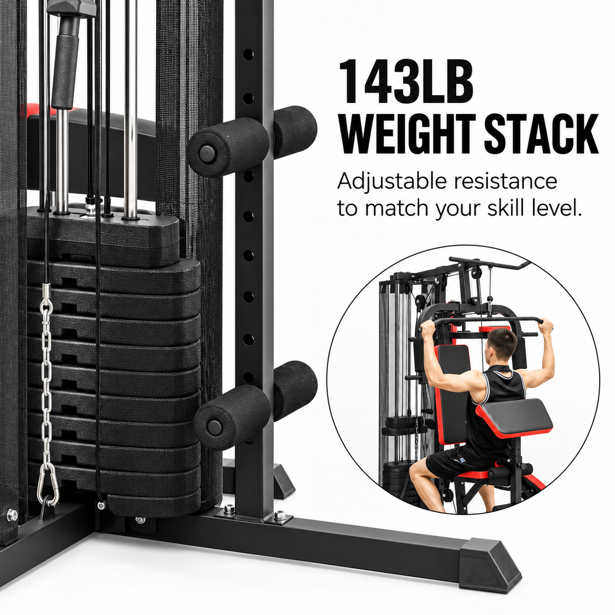 Black 65kg multi gym workout station featuring a 143lb weight stack and adjustable resistance for versatile training options