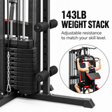 Black 65kg multi gym workout station featuring a 143lb weight stack and adjustable resistance for versatile training options