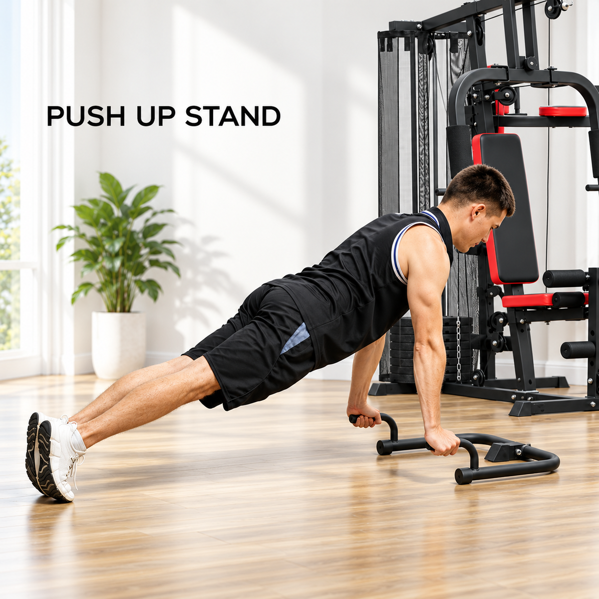 A person performs push-ups on a sturdy black push-up stand in a bright room with a multi-gym workout station in the background