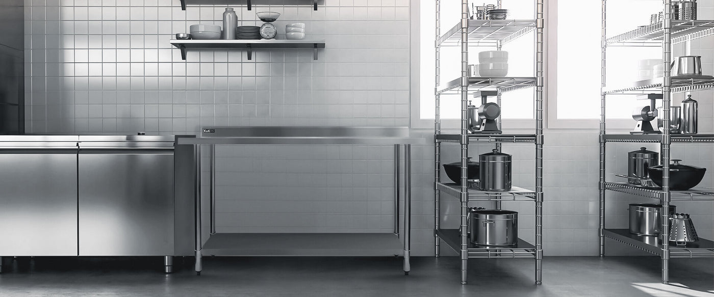 Modern kitchen with stainless steel appliances and shelves.
