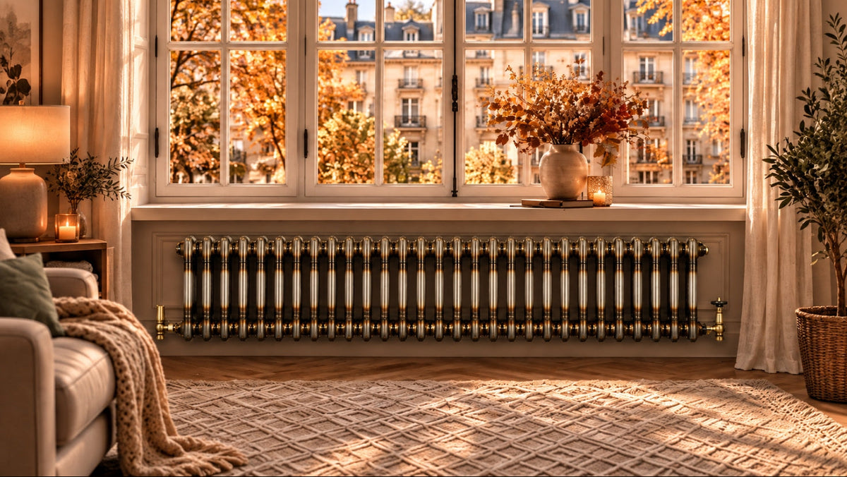 A classic multi-column cast iron radiator with gold-toned accents, mounted beneath a large white-framed window in a beautifully decorated living room with autumn foliage outside.