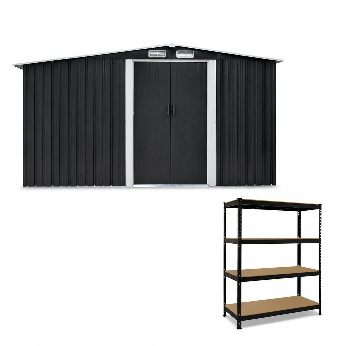 Metal Garden Shed 8ft x 8ft & Q-Rax Heavy Duty Storage Shelving Bundle