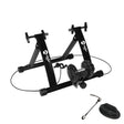 Black Velo Pro Fluid Turbo Trainer with Mat features a sturdy black frame, adjustable resistance, and includes a quick-release skewer for easy setup