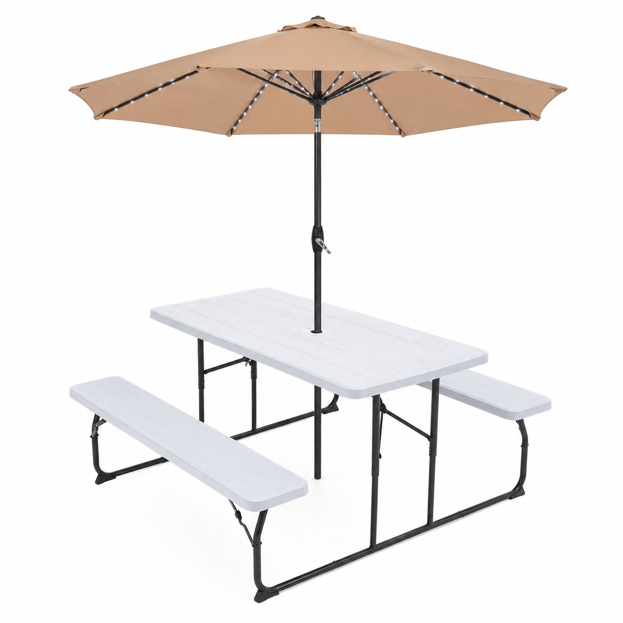 White Foldable Picnic Table + Beige 2.7m LED Parasol Bundle