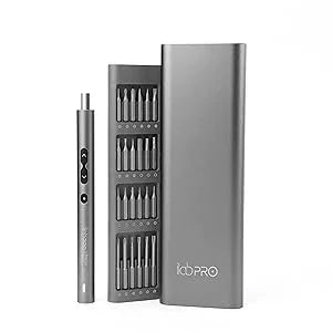 ilabPRO Electric Precision Screwdriver Set in sleek gray, featuring a compact design and 16 interchangeable bits for versatile use