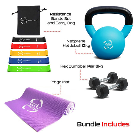 Home Strength Training Bundles - Dumbbells+ Kettlebell + Yoga Mat + Resistance Bands - Body Revolution
