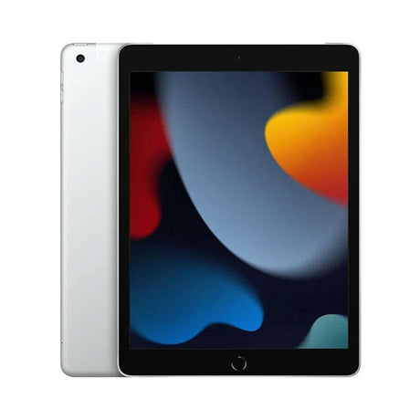 Silver refurbished Apple iPad 9th Gen 10.2" with vibrant abstract screen design showcasing colors of blue, red, and yellow