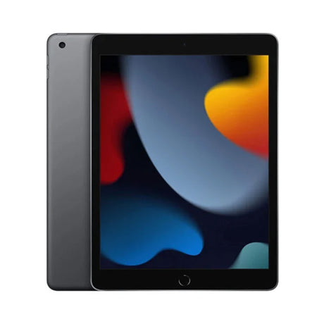 Refurbished Apple iPad 9th Gen 10.2" in sleek space grey, featuring a vibrant display with colorful abstract shapes and a smooth finish
