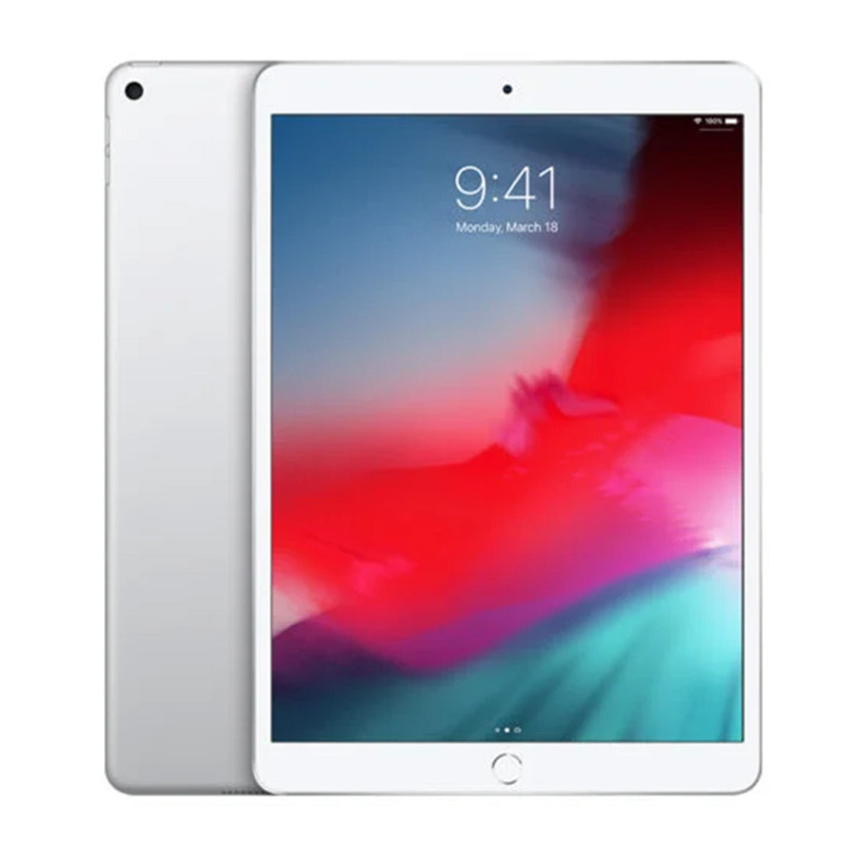 Silver Apple iPad Air 3rd Gen 10.5" with vibrant screen displaying colorful abstract wallpaper, showcasing sleek design and thin profile