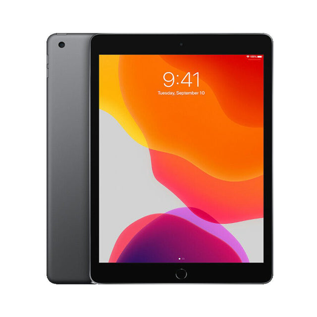 Refurbished Apple iPad 7th Gen 10.2" in space grey, featuring a sleek design, vibrant display, and smooth glass surface