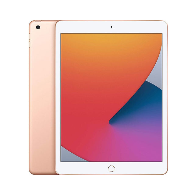 Gold refurbished Apple iPad 8th Gen 10.2" with a sleek design, vibrant display, and smooth edges, showcasing its modern technology