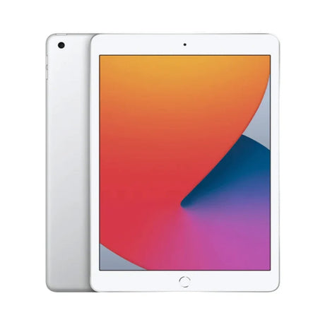 Silver refurbished Apple iPad 8th Gen 10.2" with vibrant display showcasing a colorful abstract design and sleek edges