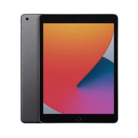Refurbished Apple iPad 8th Gen 10.2" in space grey, showcasing a sleek design with a vibrant display and smooth edges