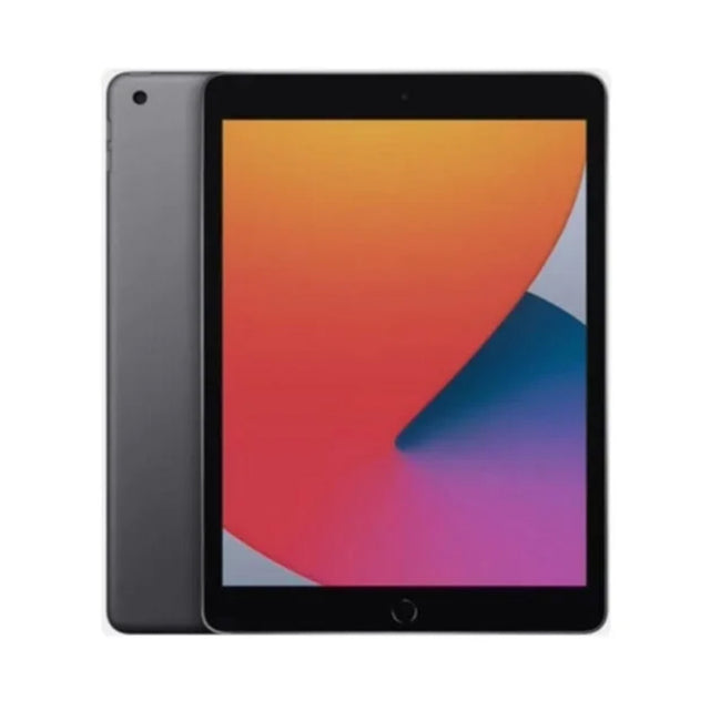 Refurbished Apple iPad 8th Gen 10.2" in space grey, showcasing a sleek design with a vibrant display and smooth edges