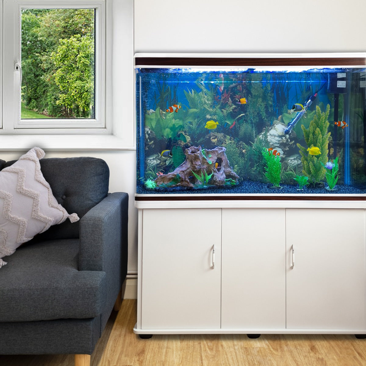 Aquarium Fish Tank and Cabinet with Complete Starter Kit - White Tank with Blue Gravel