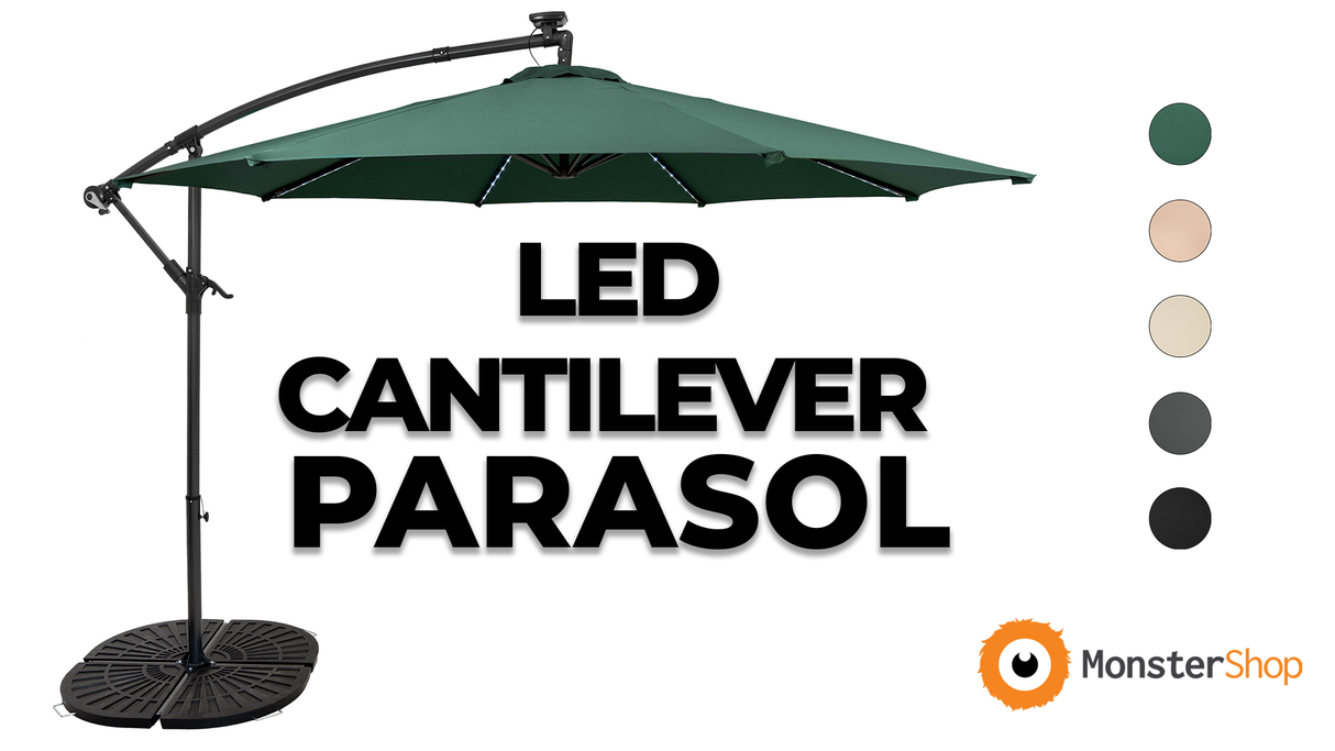 LED Cantilever Parasol 3m With Full Fan Base – Beige