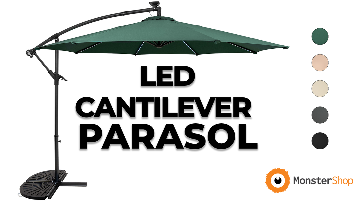 LED Cantilever Parasol 3m With Half Fan Base – Beige