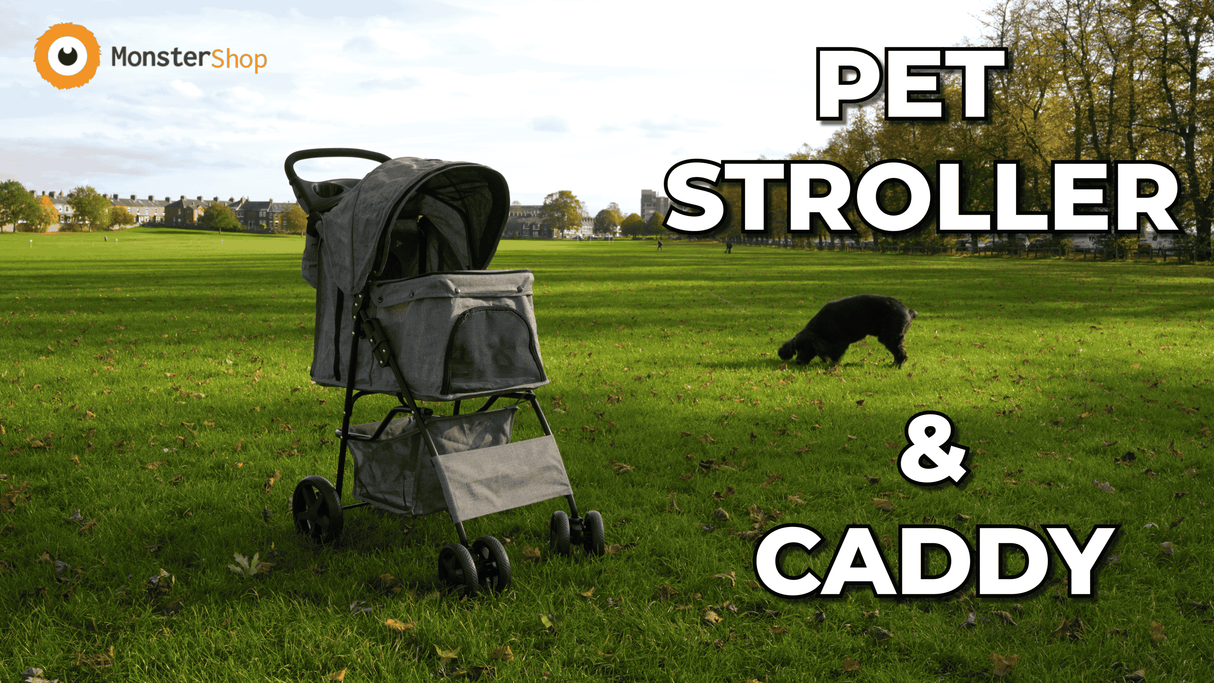 Pet Stroller with Rain Cover & Caddy Bag - Woven Grey