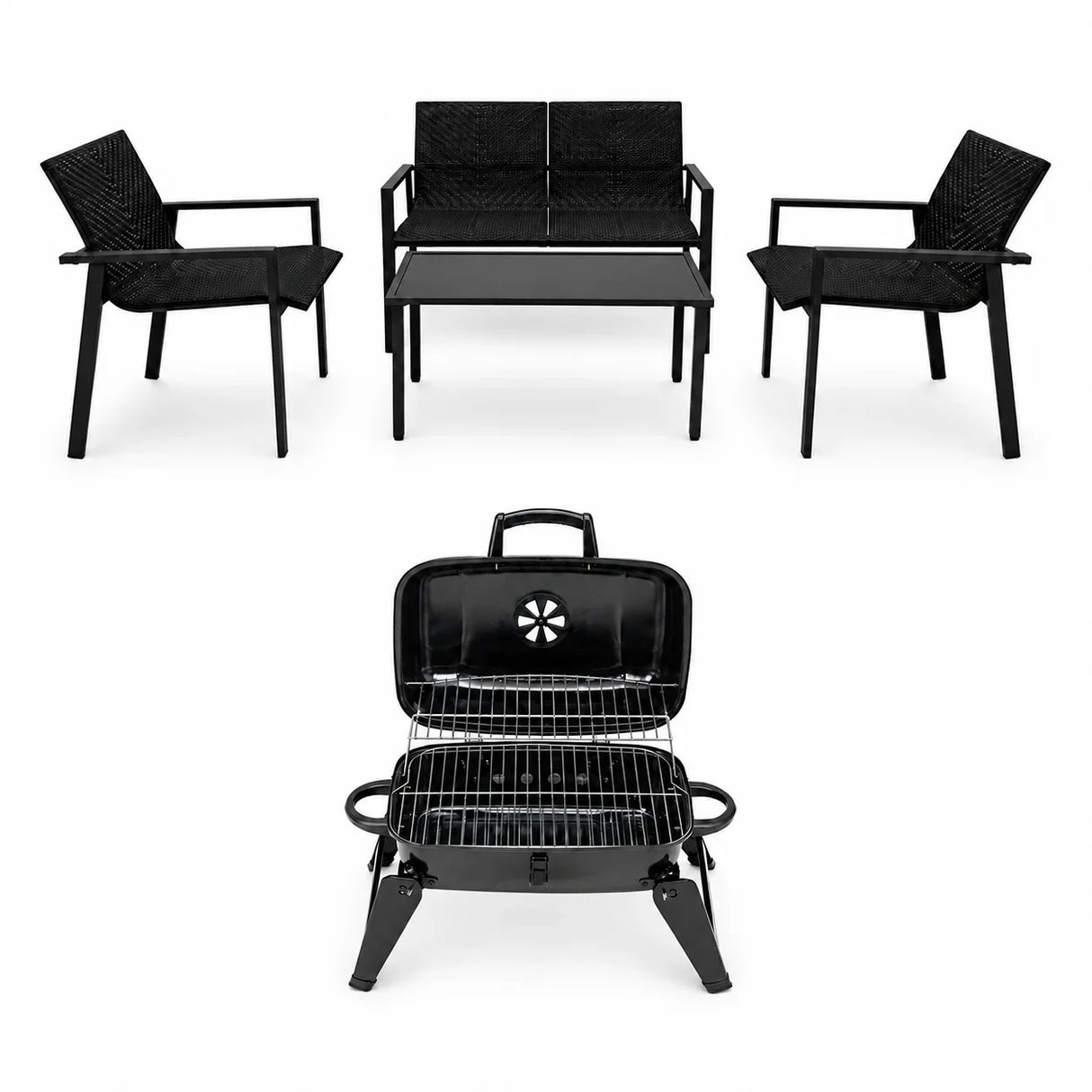 Black Rattan Patio Furniture Set & Portable Charcoal BBQ Grill Bundle