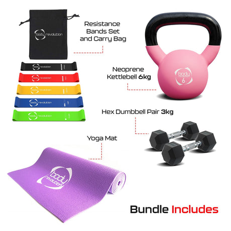Strength Training Bundle 1 - Hex Dumbbells Pair 3kg , Neoprene Kettlebell 6kg, Yoga Mat and Resistance Bands - Body Revolution