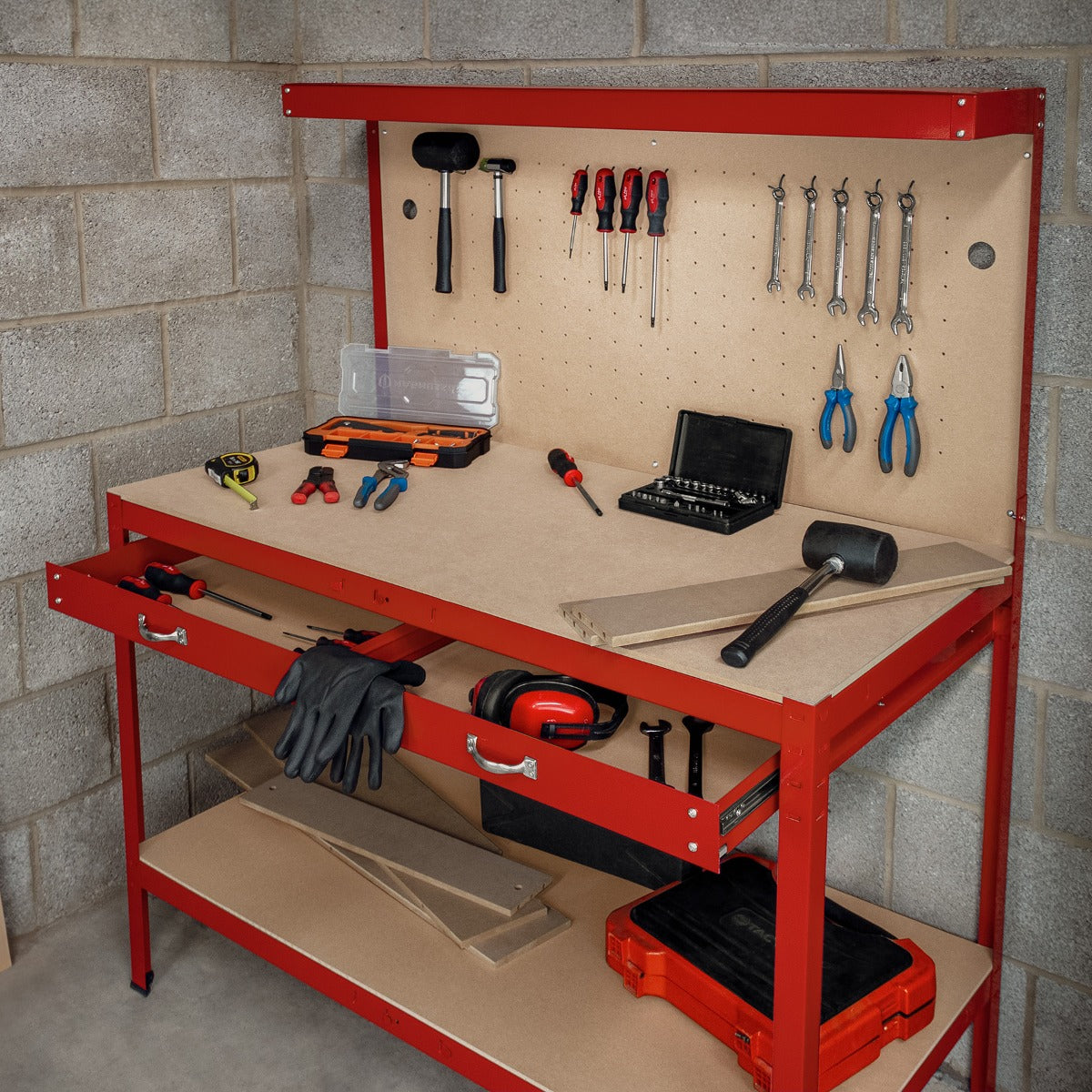 Workbench with Pegboard, Drawer & Light – Red