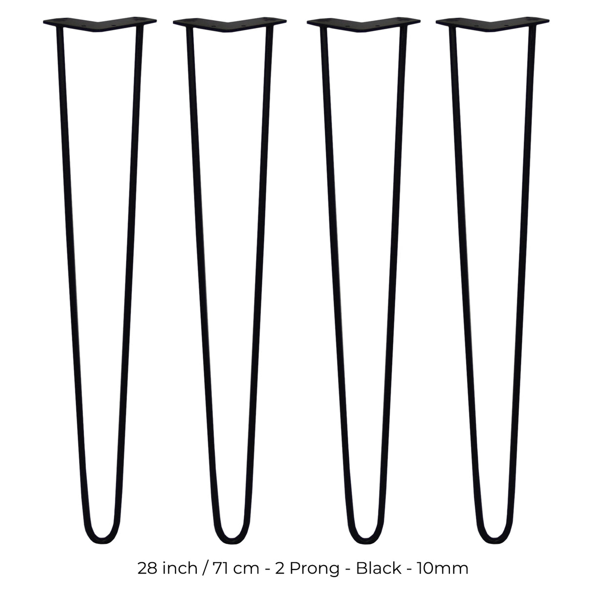 4 x 28" Hairpin Legs - 2 Prong - 10mm - Black