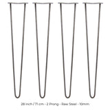 4 x 28" Hairpin Legs - 2 Prong - 10mm - Raw Steel