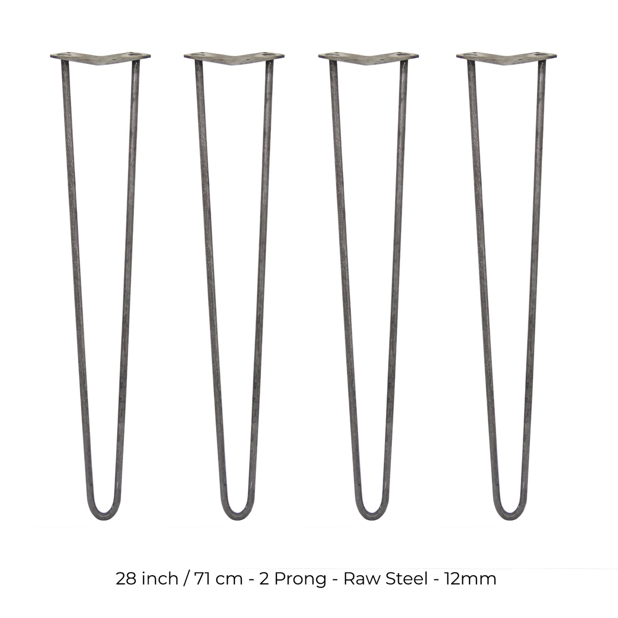 4 x 28" Hairpin Legs - 2 Prong - 12mm - Raw Steel