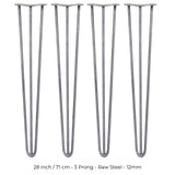 4 x 28" Hairpin Legs - 3 Prong - 12mm - Raw Steel