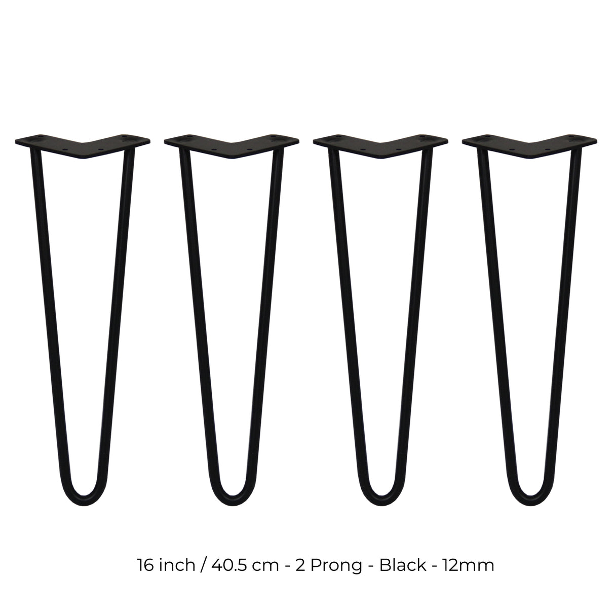 4 x 16" Hairpin Legs - 2 Prong - 12mm - Black