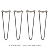 4 x 16" Hairpin Legs - 2 Prong - 12mm - Raw Steel