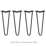 4 x 14" Hairpin Legs - 2 Prong - 10mm - Black