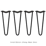 4 x 14" Hairpin Legs - 2 Prong - 12mm - Black