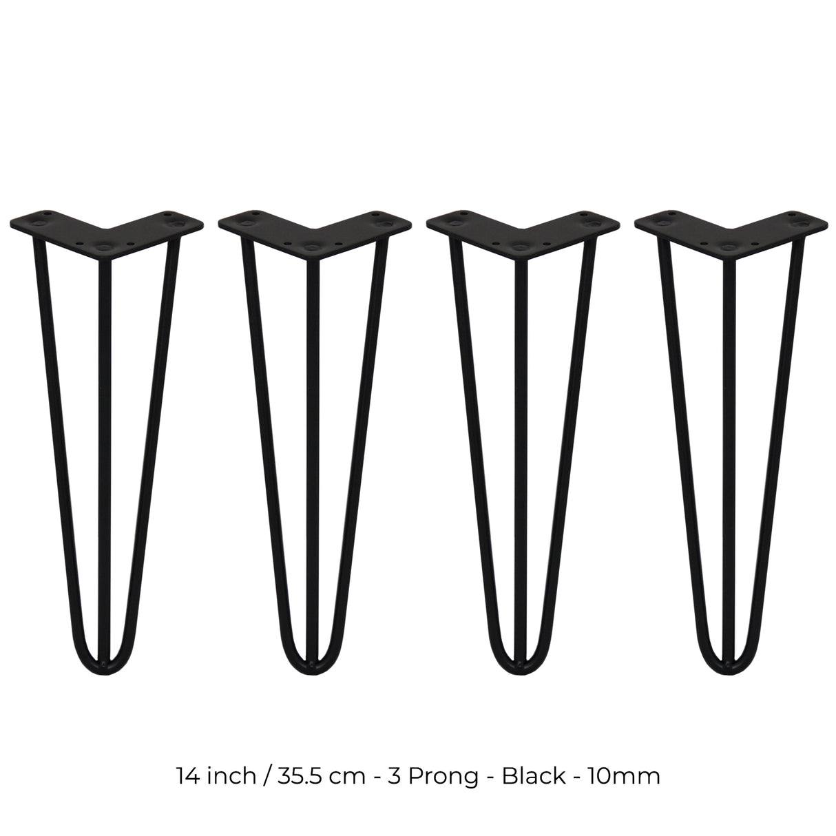 4 x 14" Hairpin Legs - 3 Prong - 10mm - Black