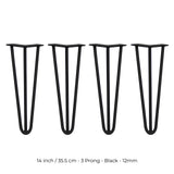 4 x 14" Hairpin Legs - 3 Prong - 12mm - Black
