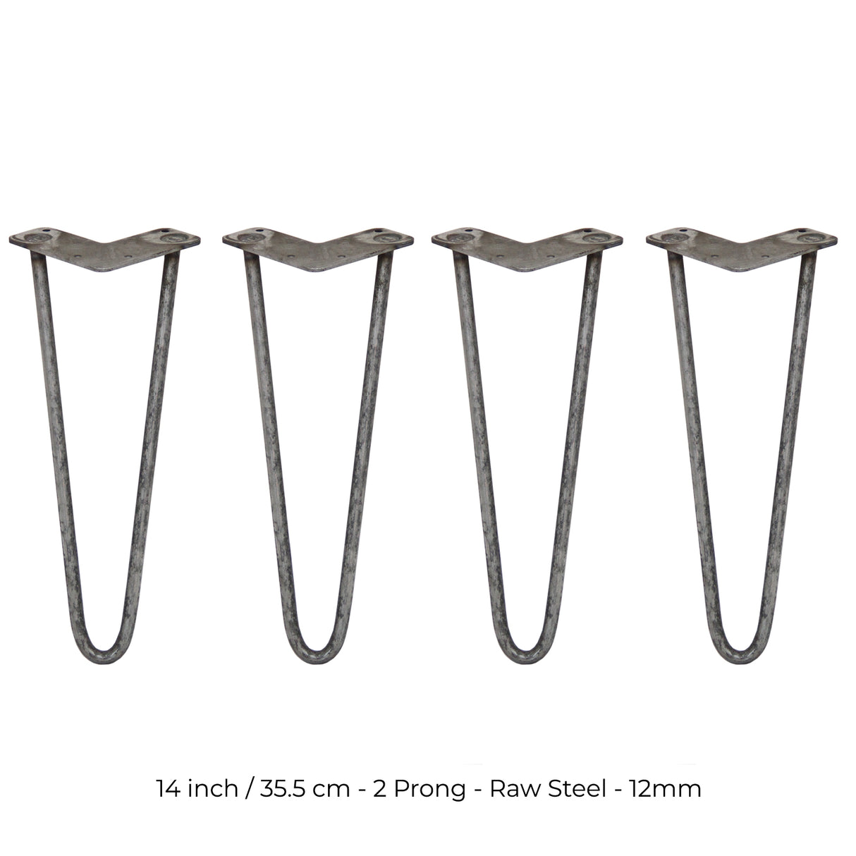 4 x 14" Hairpin Legs - 2 Prong - 12mm - Raw Steel