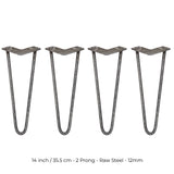 4 x 14" Hairpin Legs - 2 Prong - 12mm - Raw Steel